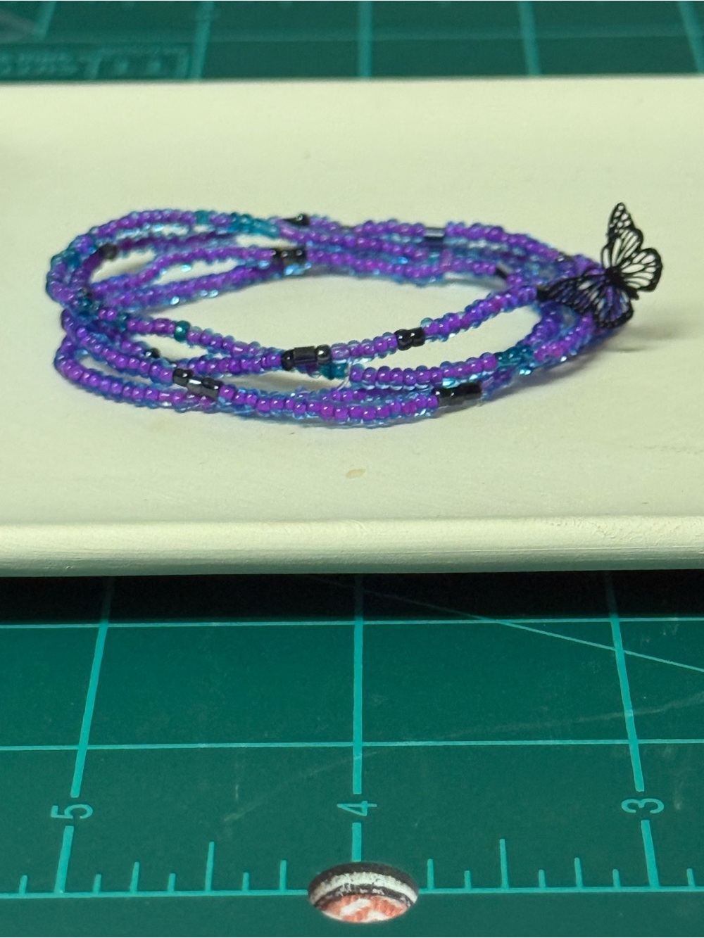 Handmade Purple & Teal Seed Bead Bracelet Stack with Butterfly Accent